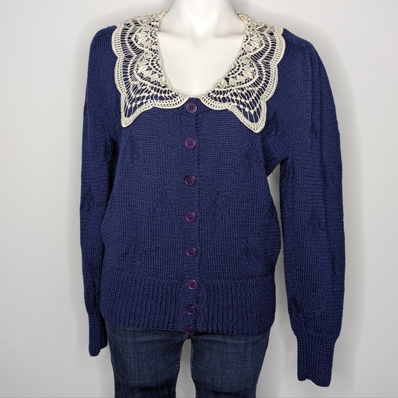 Vintage Berek Blue Tree White Lace Knit Long Sleeve Button Up Wool Sweater M - Picture 1 of 8